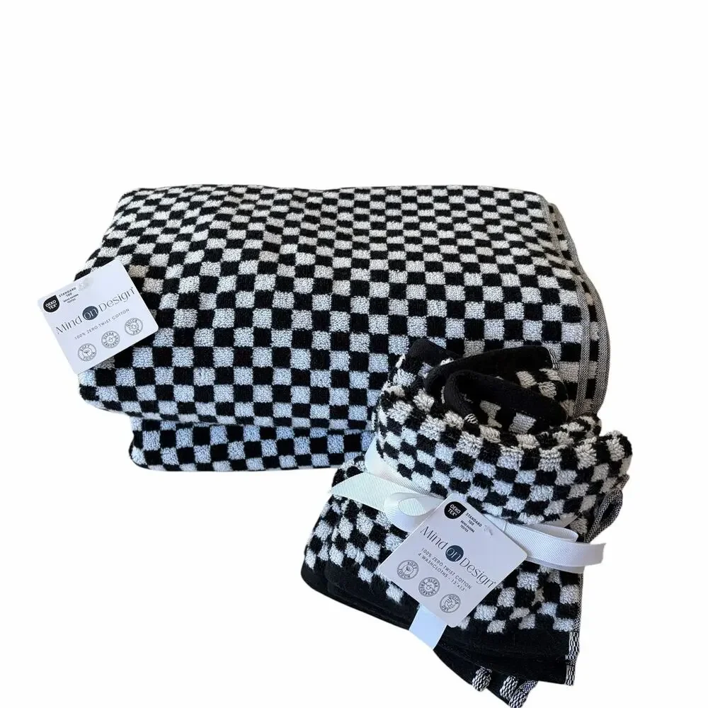 6pc Chic Black & White Checkered Towel Set- 2 Bath Towels 4 Washcloths Cotton